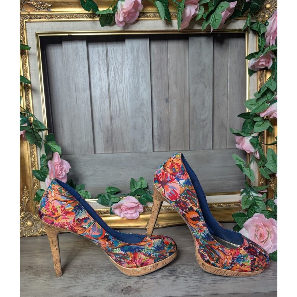 Fioni Multicolor Floral Cork Stiletto Pump Round Toe Slip On Women's US 9